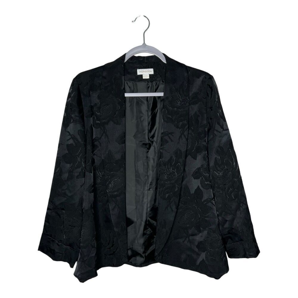 Monsoon Blazer Womens Size 14 Black Floral Jacquard Open Front Jacket Career